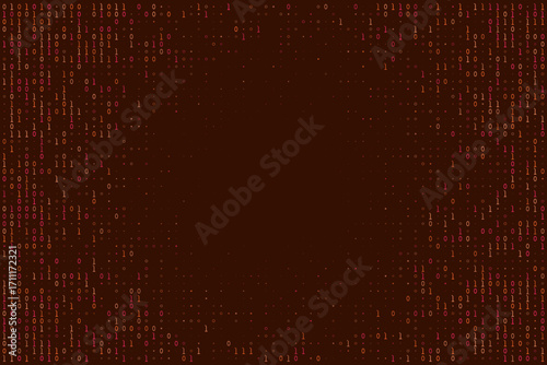 Abstract digital background with binary code pattern in red and pink on a dark brown backdrop, representing data and technology.