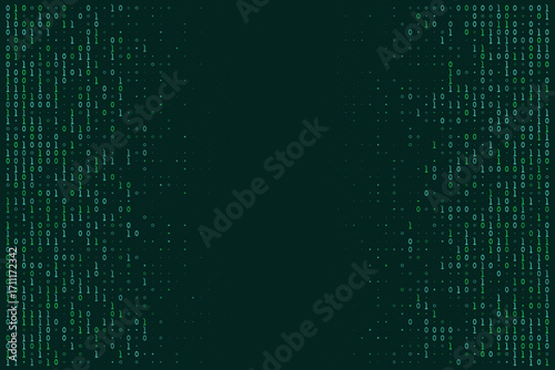 Digital binary code matrix background with flowing green data stream, representing technology, programming, and cybersecurity concepts, with central copy space.