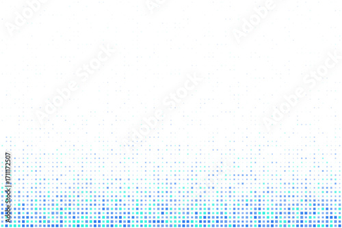 Abstract digital background with glowing blue and green square pixels forming a dynamic equalizer pattern on a dark backdrop, representing technology and data visualization.