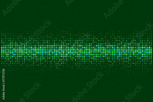 Abstract digital equalizer sound wave background with glowing green and blue pixelated squares on a dark green backdrop, representing technology and data visualization.
