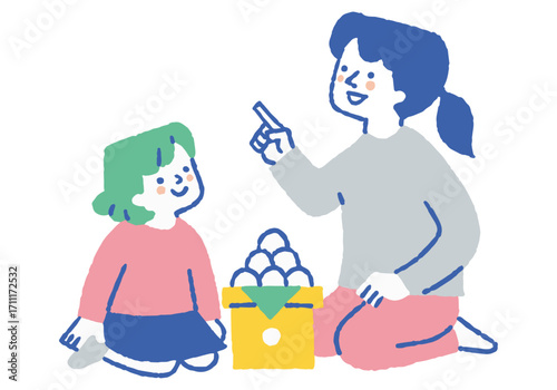 Mother and Daughter Enjoying Moon Viewing_Color