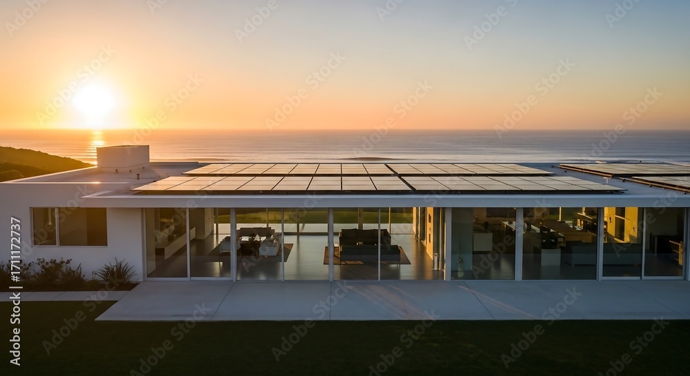 Fototapeta premium Minimalist coastal home with rooftop solar panels and ocean view, wide-angle drone architectural photography at sunset for eco lifestyle branding