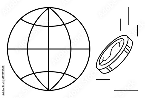 Globe with latitude and longitude lines next to a falling coin. Ideal for finance, globalization, trade, investment, economics, international commerce, wealth. Simple flat metaphor
