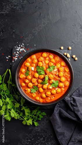 Delicious chickpea curry in a black bowl on a dark background texture
