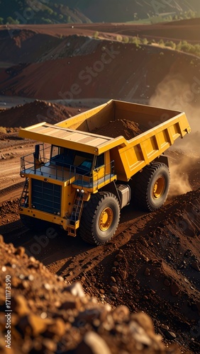 Massive yellow dump truck working in an open-pit mine setting, extracting