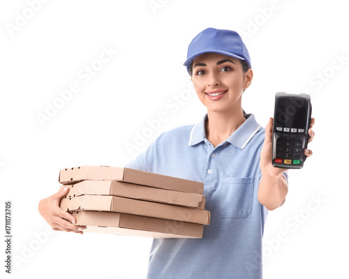 Female courier with pizza b...