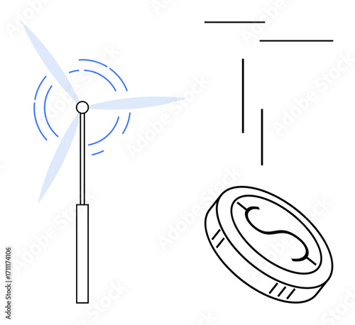 Wind turbine spinning and coin in motion suggest renewable energy, economic growth, and sustainability. Ideal for clean energy, innovation, green economy, technology, eco-friendly concepts, nature