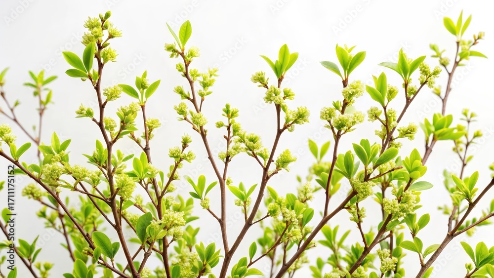 Fototapeta premium Branches of young Privet shrub with spring leaves on white background, garden, privet, garden, privet,spring, leaves, flower