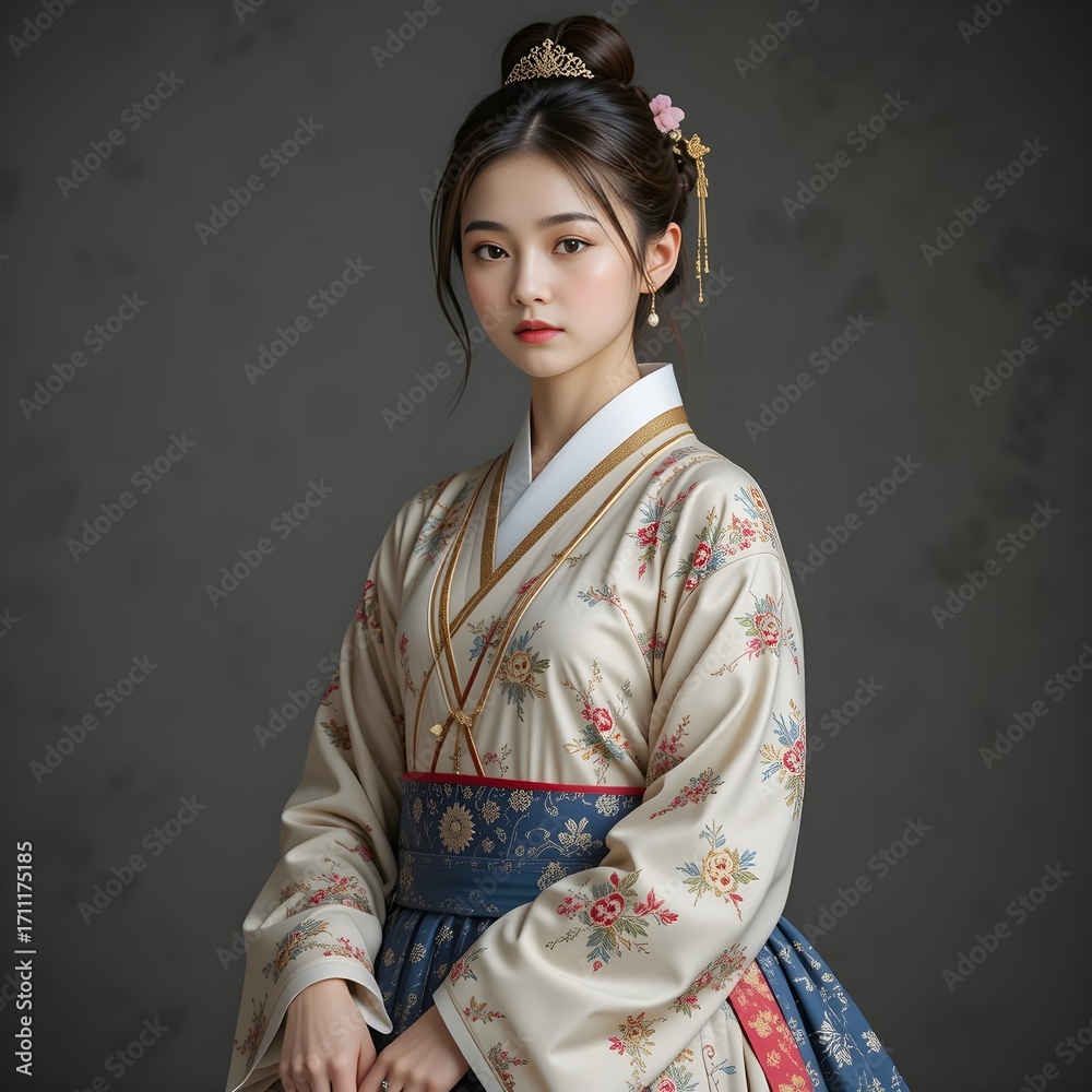 Fototapeta premium a woman wearing hanbok, Hanbok model, AI Generative