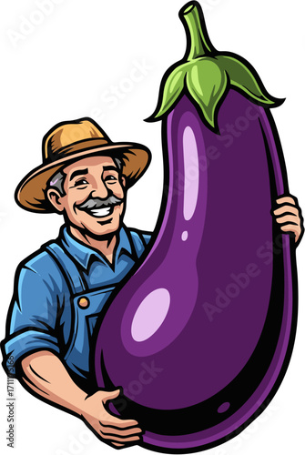 A cheerful farmer proudly holds up a giant eggplant, showcasing a bountiful harvest