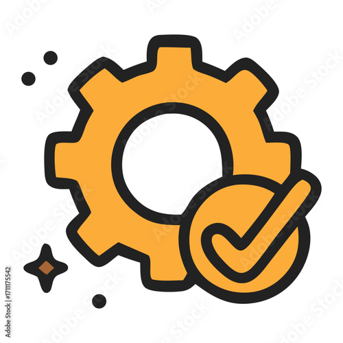 Manufacturing quality image of precision settings with a checkmark and gleaming stars. Suitable for industries, business, technology websites.