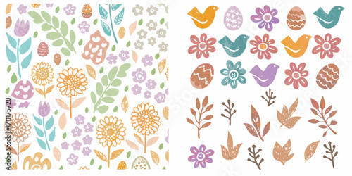 Charming easter spring collection with floral elements birds and decorative eggs in soft pastel colors