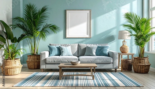 Sunlit modern living room interior featuring a cozy grey sofa, large tropical house plants, and a blank mock-up frame on a stylish blue wall