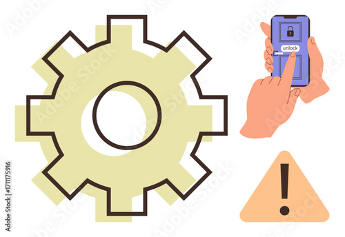 Large gear with mobile phone unlock action and warning icon underlining setup, maintenance, troubleshooting, technology, system optimization, security, and caution. A simple flat metaphor
