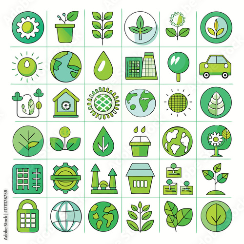 Eco-friendly technology and nature icons grid ecology