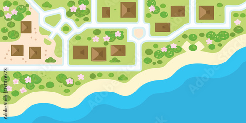Aerial view of a charming coastal village with houses streets green spaces and a sandy beach meeting the blue ocean