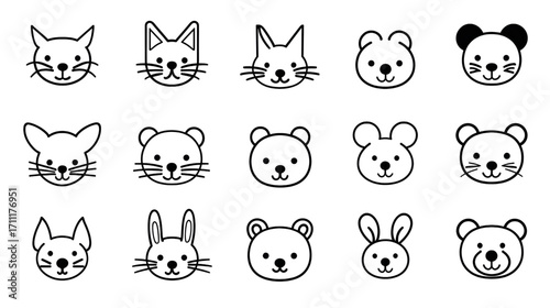 Collection of Adorable Animal Faces in Simple Outline Style.
