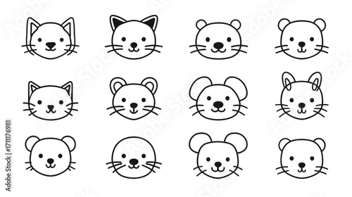 Cute cartoon animal faces collection cats mice and bears illustrations.