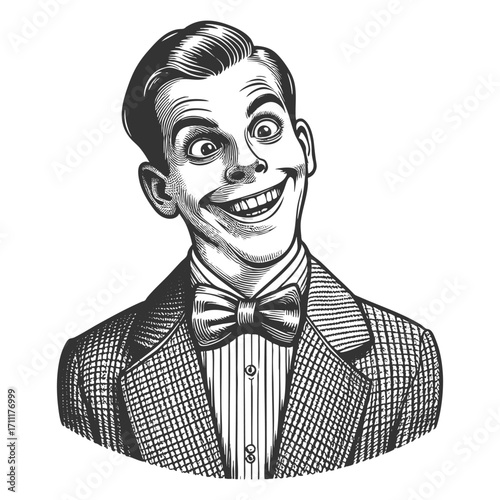 man in suit and tie with exaggerated wide smile and quirky, humorous expression sketch engraving generative ai fictional character vector illustration. Scratch board imitation. Black and white image.