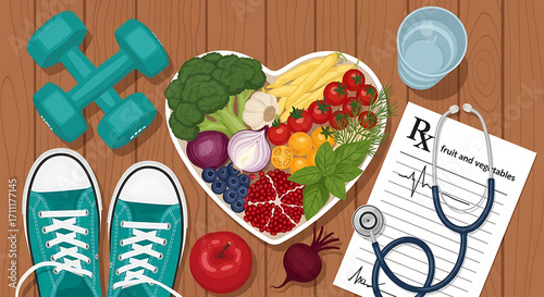 Healthy Lifestyle Heart Shaped Plate of Fruits and Vegetables Dumbbells Sneakers and Doctor s Prescription