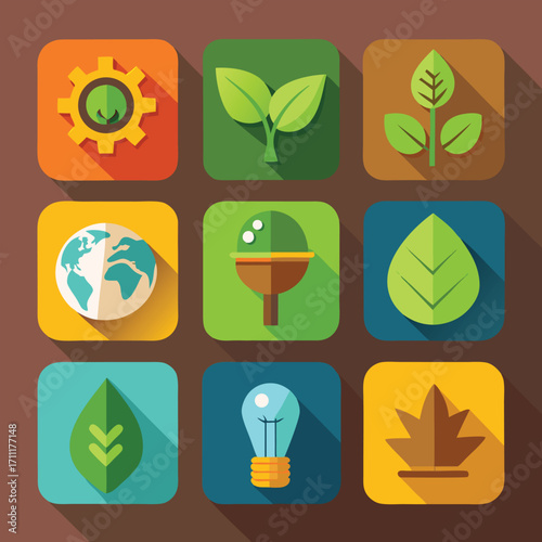 Flat design eco icons with long shadows ecology environment