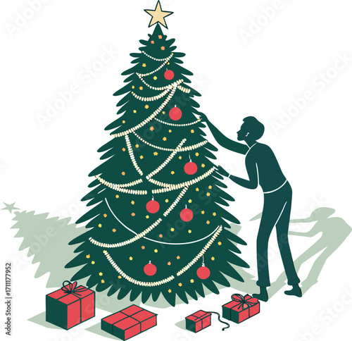 Silhouette of a person decorating a Christmas tree with ornaments and gifts