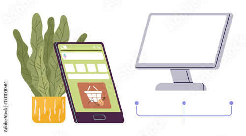 Smartphone displaying an online cart, desktop monitor, and symbolic network connections next to a potted plant. Ideal for e-commerce, technology, online business, connectivity, retail, digital