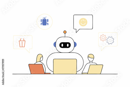 Team collaborates with AI chatbot assistant for modern business tasks and customer service