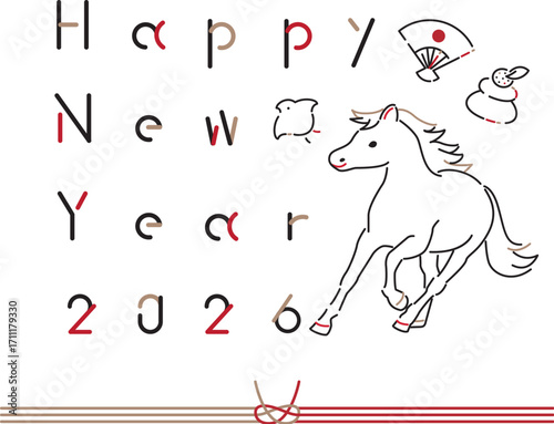HAPPY NEW YEAR 2026　午　線画　アイコン年賀状　3色の線　横