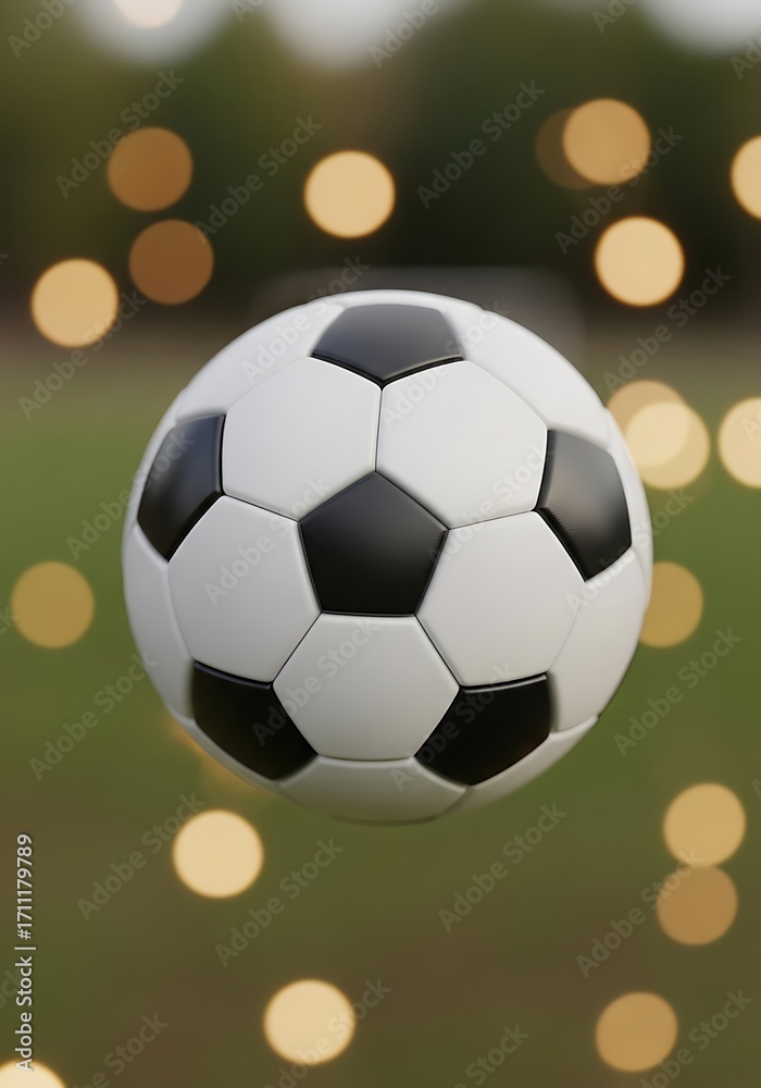 Fototapeta premium Crisp soccer ball floats amidst whimsical bokeh lights outdoor setting