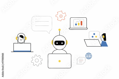 Modern AI chatbot interacting with users and analyzing data in a connected digital environment