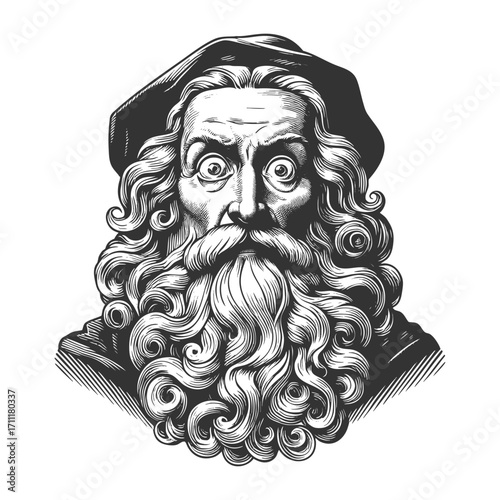 elderly wise man with long curly beard, flowing hair, and wide-eyed intense expression under a cap sketch engraving generative ai vector illustration. Scratch board. Black and white image.