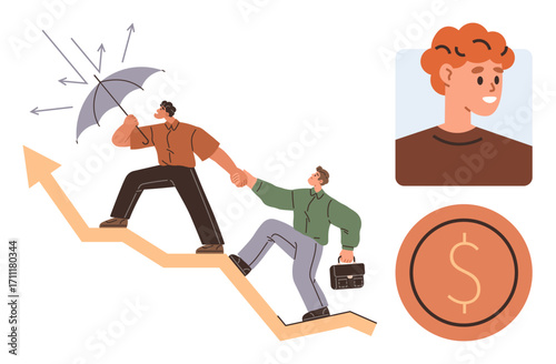 Two professionals climbing upward arrow, leader shielding with umbrella, young professional portrait, dollar coin. Ideal for teamwork, leadership, success, challenges, growth business career