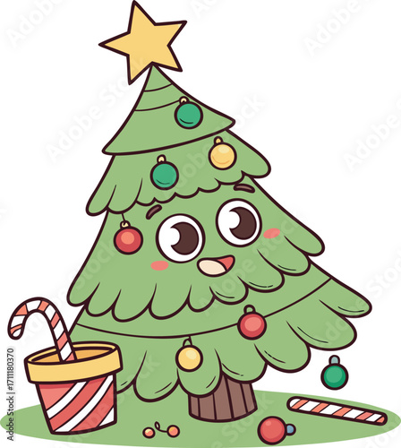 Cute cartoon Christmas tree with a happy face and ornaments