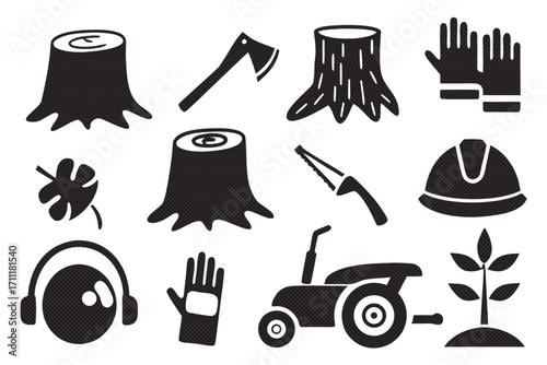 Arborist and gardening icons, depicting tree stump, axe, gloves, helmet, lawnmower, plant, and protective equipment