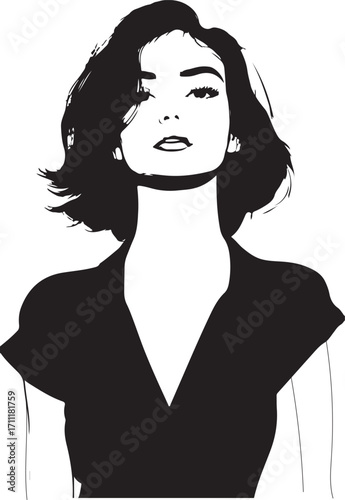 A black-and-white high-contrast illustration of a woman with short, tousled hair.