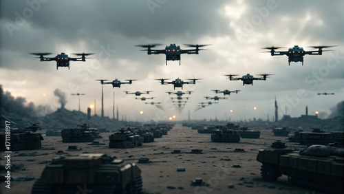 Futuristic battlefield with AI powered drones flying over tanks amidst desolate war torn landscape under cloudy sky