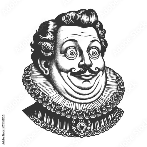 Funny Renaissance nobleman, exaggerated wide-eyed expression sketch engraving generative ai fictional character vector illustration. Scratch board imitation. Black and white image.