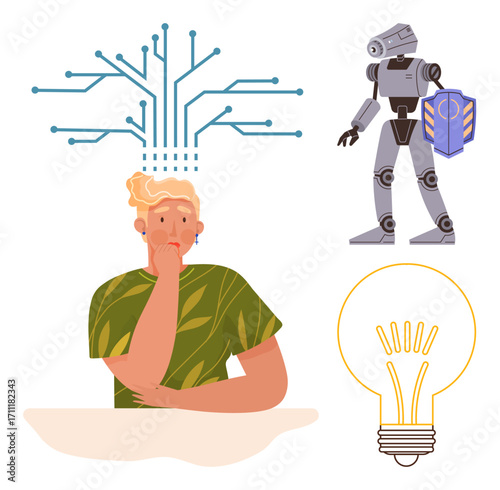 Contemplative man with circuit-thumbs up brain, robot with a shield, glowing lightbulb. Ideal for technology, AI, robotics, creativity, innovation future thinking problem-solving concepts. Simple