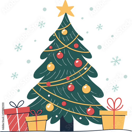 Festive Christmas tree decorated with ornaments and gifts