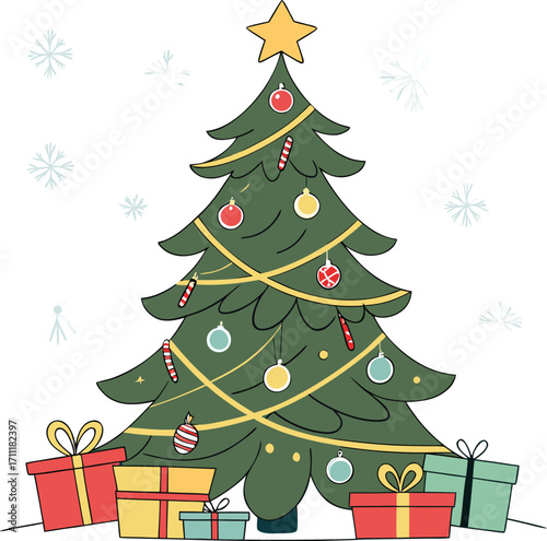 Festive decorated Christmas tree surrounded by colorful wrapped presents and snowflakes