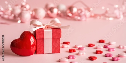 A charming valentines day composition featuring a red gift box with a pink ribbon, a heart, and candy hearts against a soft pink backdrop