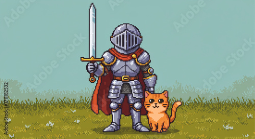 Pixel Knight and Feline Friend A Whimsical Adventure in Retro Style