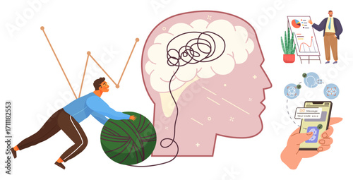 Person untangling thread next to brain, graphs for strategy, digital interaction, teamwork. Ideal for mental health, problem-solving, strategy, productivity, mindfulness teamwork conceptual
