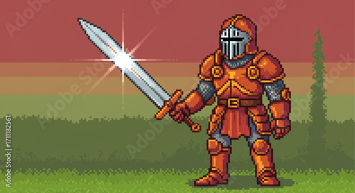 Pixel art illustration of a medieval knight in vibrant orange armor holding a brightly sparkling sword at sunset