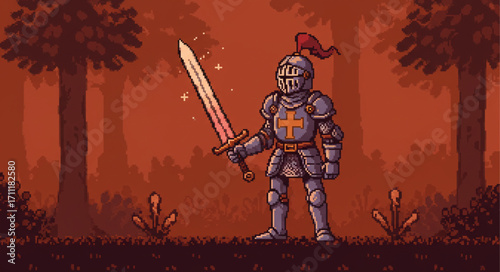 Animated Knight in Shining Armor Holding a Sword with a Glowing Blade in a Forest Setting