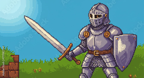 Pixelated Knight A Digital Illustration of a Medieval Warrior Holding a Sword and Shield