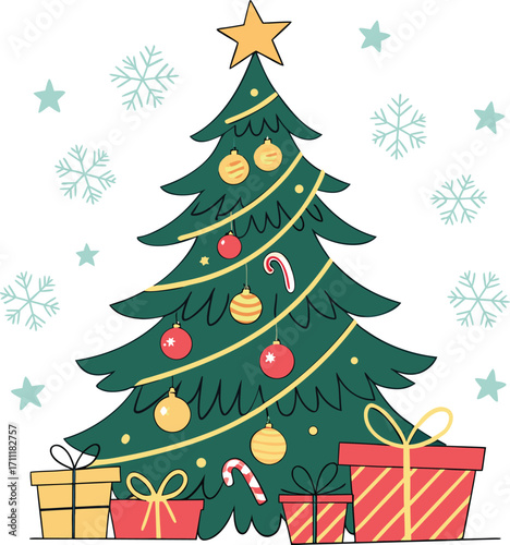 Festive Christmas tree decorated with ornaments and gifts below