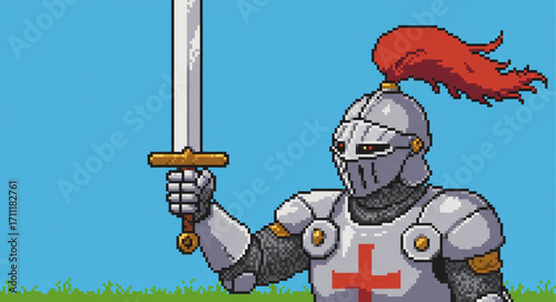 Victorious pixel art knight with sword raised high. Retro 8-bit medieval warrior character illustration for a video game