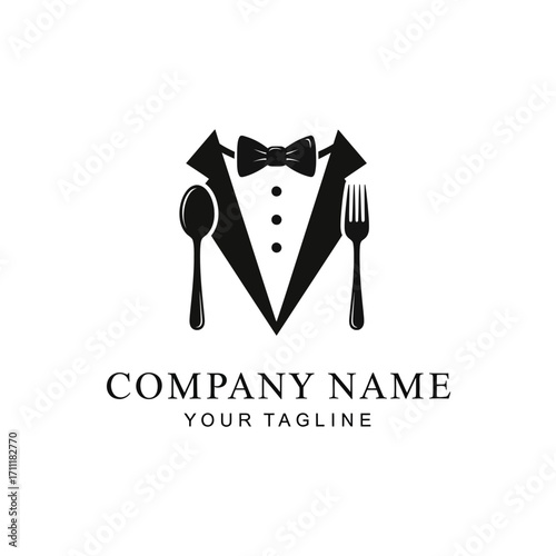 A black and white logo featuring a spoon as a head, a bow tie, and a tuxedo, with a fork and a small plate on the side, representing a formal dining or catering service.